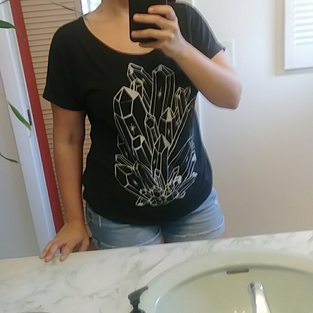 Crystals Relaxed Fit Off the Shoulder Tee Shirt